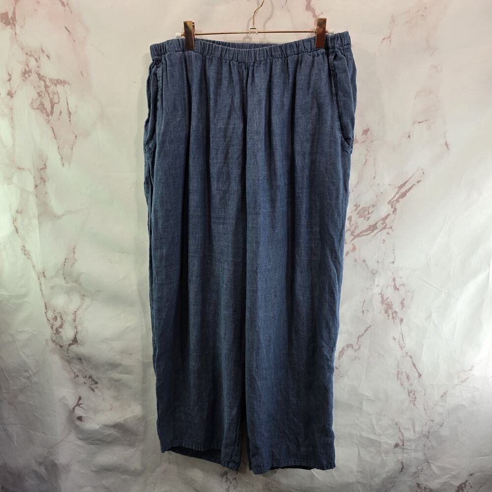 Flax Pants Womens Medium X 24 Blue Linen Pull On Pockets Crop Short Capri